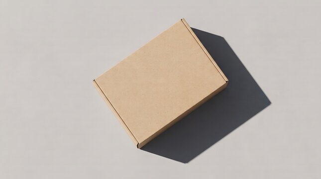 Blank kraft cardboard mailer box mockup with hard shadow on neutral background, top view shipping packaging template