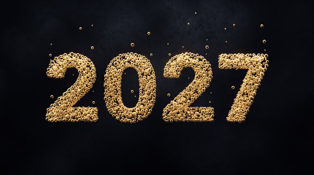 Golden glitter text displaying year 2027 on dark background for futuristic event branding