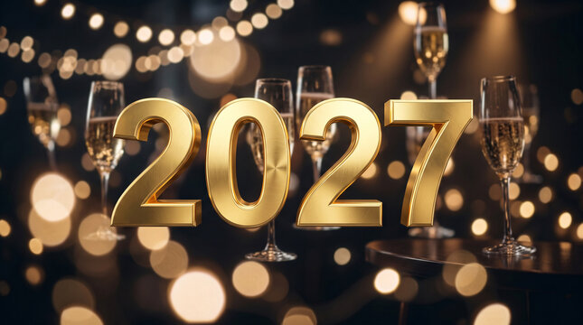 Golden 2027 celebration text with champagne glasses in festive party lighting