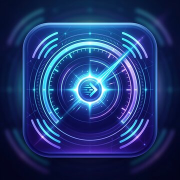 Vibrant glowing futuristic speed test app icon design featuring digital speedometer UI, neon blue purple light effects and fast.