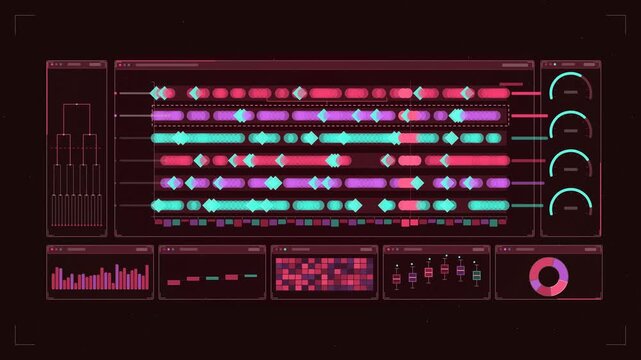 Abstract animated release cadence deploys shipping weekly drawn as coral and magenta lines and shapes on a deep dark background. Seamless looping 4K motion graphics video with free space for text, ide