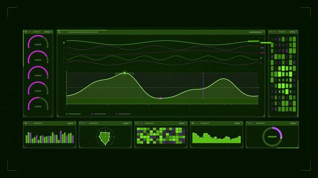 Abstract animated tide harmonics composing water level drawn as green and teal lines and shapes on a deep dark background. Seamless looping 4K motion graphics video with free space for text, ideal for