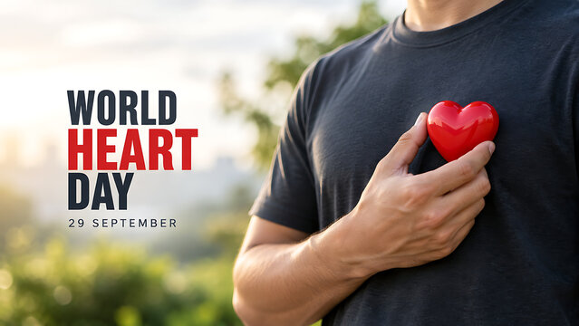World heart day concept with a person holding a red heart shape over their chest, outdoor background, world heart day 2026, heart day 2026, heart day