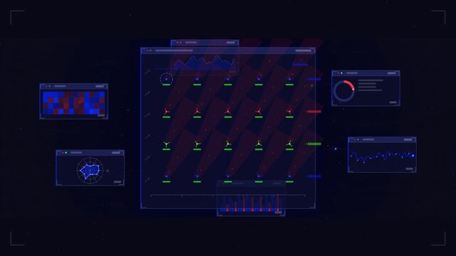 Abstract animated wind farm wakes reducing output drawn as blue and cyan lines and shapes on a deep dark background. Seamless looping 4K motion graphics video with free space for text, ideal for dashb