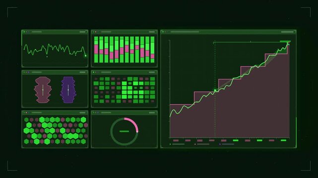 Abstract animated capacity forecast demand outgrowing supply drawn as green and teal lines and shapes on a deep dark background. Seamless looping 4K motion graphics video with free space for text, ide