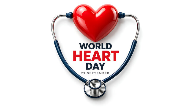 World heart day concept with a red heart shape and a medical stethoscope isolated on white background, world heart day 2026, heart day 2026, heart day