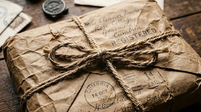Vintage Rustic Brown Parcel Wrapped with Twine Featuring Elegant Registered Mail Stamps for Nostalgic Branding and Storytelling.