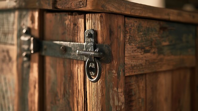 Rustic wooden cabinet door with vintage metal latch detail.