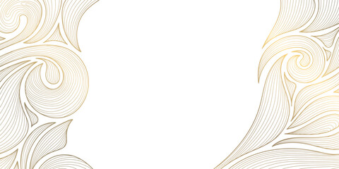 Obraz premium Elegant abstract floral pattern with golden line flowers, leaves, waves, art deco ornament on white background, frame, luxury corners. Plant wallpaper, tea packaging, wedding card, nature illustration