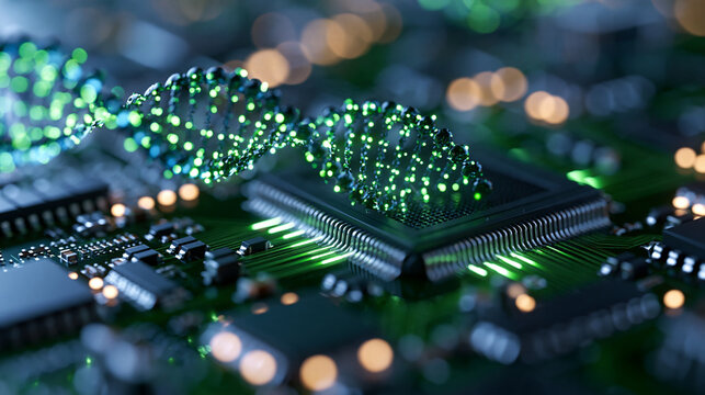 Intricate synthetic biology elements glowing green integrated seamlessly into an advanced electronic circuit board close up macro composition under bright clean studio lighting bright