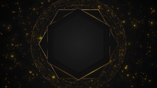 Black polygons glowing gold particle halo, geometric copy area. award titles, logo reveals, luxury brands, gala invitations, product launches, corporate presentations, weddings, elegant event promos.
