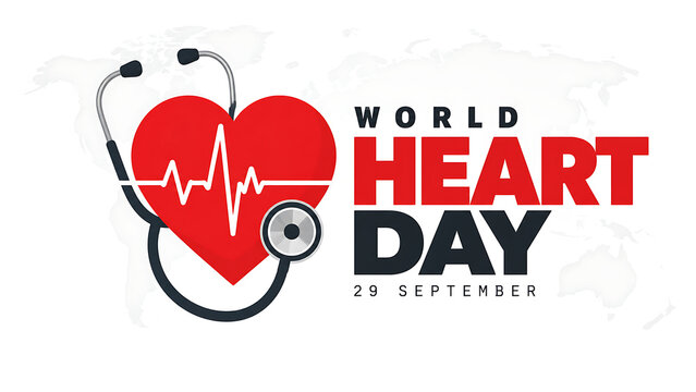 World heart day illustration with red heart shape, stethoscope, and heartbeat line, isolated on white background, world heart day 2026, heart day 2026, heart day