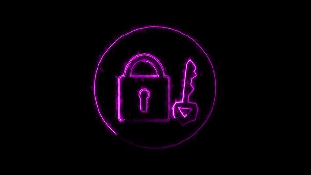 Padlock and key animation glows with purple security vectors. Encrypted digital privacy protection clears padlock and key. System cybersecurity authorization relies on padlock and key.
