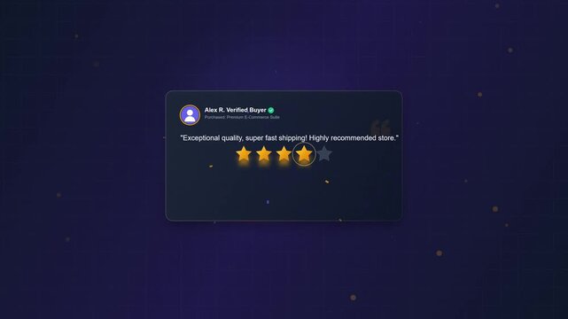 Customer review testimonial card with four gold stars rating on dark purple background for e-commerce website interface