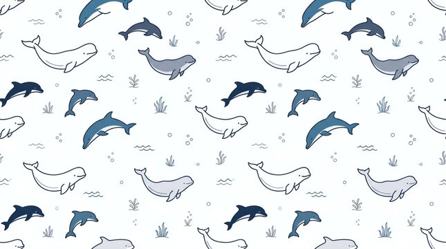 A simple, minimalist seamless pattern featuring scattered illustrations of dolphins and whales against a pure white background.