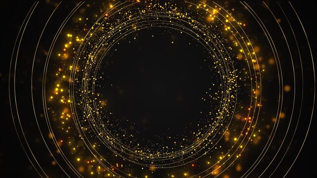Concentric golden lines sparkling particles circular border copy space. award titles, luxury branding, wedding invitations, anniversary greetings, logo reveals, event promos, elegant introductions.