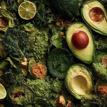 Top View Texture of Dehydrated Natural Avocado Slices and Crumbled Dried Green Ingredient Pieces
