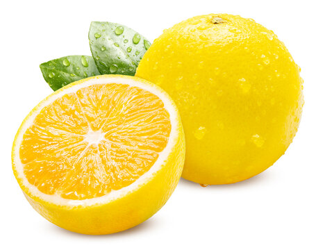 Yellow Orange with leaf isolated on white background, Orange fruit with clipping path, High resolution for beverage marketing, citrus-flavored product branding, and premium food packaging.