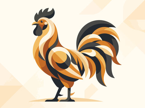 Stylized rooster vector illustration, modern geometric cockerel with orange and black feathers, farm animal mascot for organic food branding