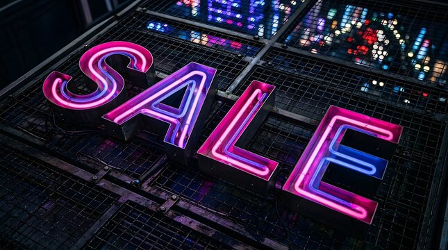 Neon sale sign with pink and blue lighting on a dark metal grid background