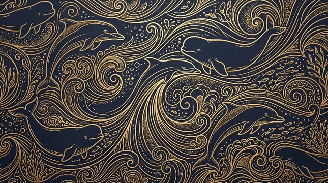 An elegant and luxurious seamless pattern featuring detailed golden line art of dolphins, whales, and swirling ocean waves on a dark background.