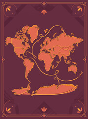Vintage world map vector illustration, antique style global cartography with decorative border, retro travel and exploration theme in warm earth tones © Ali