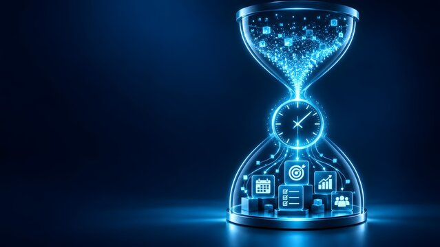 Conceptual glowing digital hourglass with business strategy icons and clock face illustrating modern corporate time management and automated workflow data efficiency