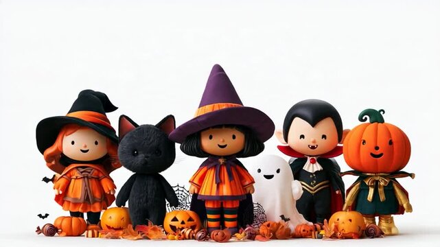 Set of animated cartoon Halloween characters, including a witch, Dracula, and a dancing witch, on a white background.