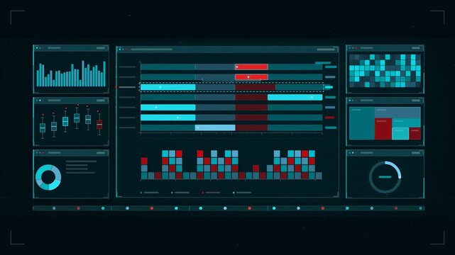 Abstract animated port cranes cycling container moves drawn as cyan and teal lines and shapes on a deep dark background. Seamless looping 4K motion graphics video with free space for text, ideal for d