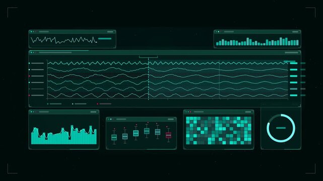 Abstract animated patient vitals stabilizing after intervention drawn as cyan and teal lines and shapes on a deep dark background. Seamless looping 4K motion graphics video with free space for text, i