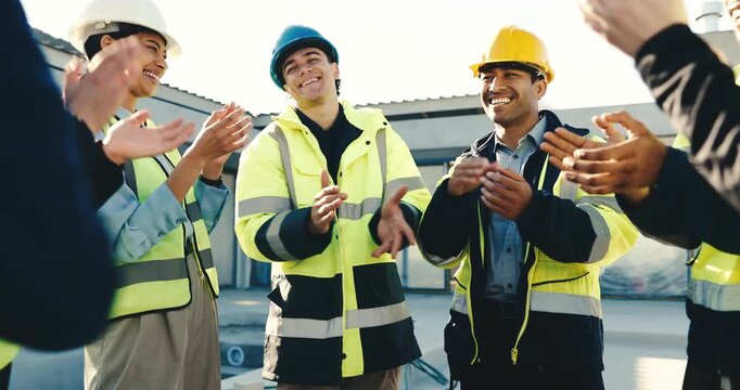 Stack, success and construction team with hands together for progress, building development and win. Clap, men and woman as engineer, electrician and supervisor with motivation, solidarity or goals