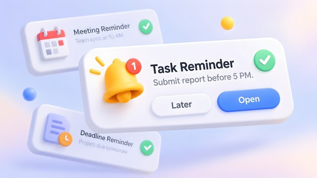3D digital application interface displaying corporate task and meeting reminders with notification bell icon for business productivity and time management