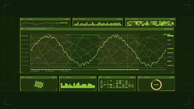 Abstract animated robot joint torques balancing gait drawn as green and teal lines and shapes on a deep dark background. Seamless looping 4K motion graphics video with free space for text, ideal for d