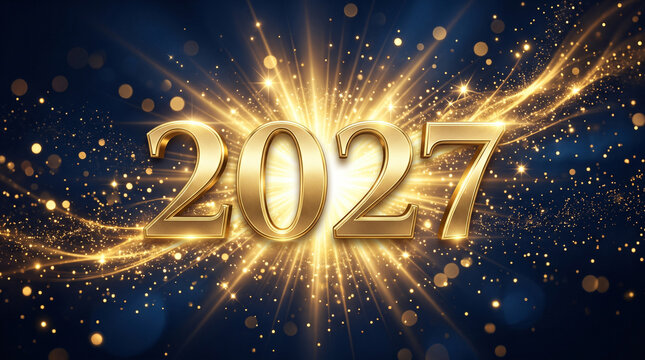 Golden light burst design with illuminated 2027 text for futuristic event branding