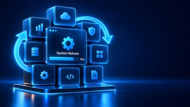 Futuristic digital infrastructure system refresh interface displaying glowing synchronization arrows and progress bar for enterprise software network updates