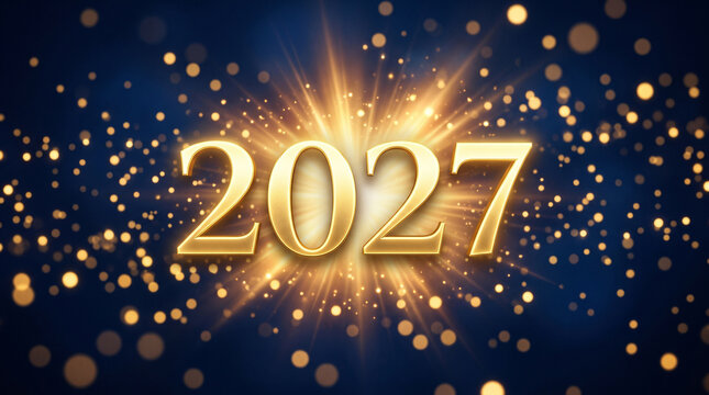 Golden 2027 year number with light burst effect on dark blue gradient background
