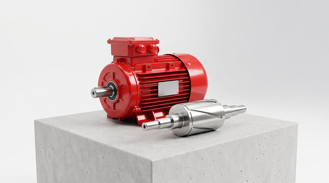 Red industrial electric motor with silver rotor and shaft displayed on a concrete pedestal, white background