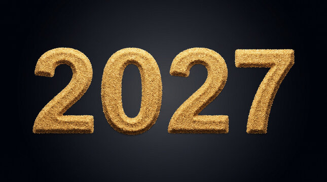 Golden glitter text displaying futuristic year 2027 on dark background for event branding