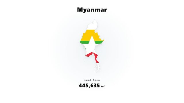 Myanmar map silhouette with horizontal yellow green red flag stripes, white five pointed star, and soft halo glow on pale minimal background, isolated for travel culture themes