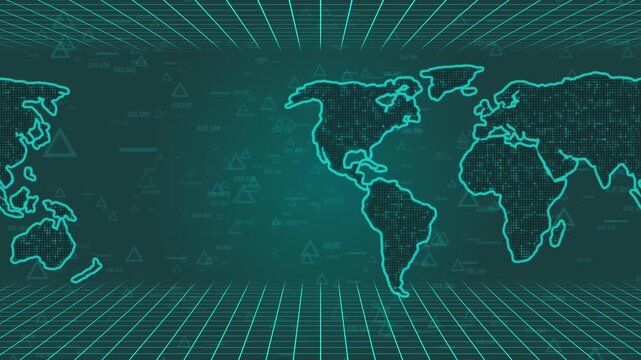 World map animation glows with digital cyber grid nodes on dark. Global telecommunication telemetry routes on the world map. Worldwide information data infrastructure powers world map.