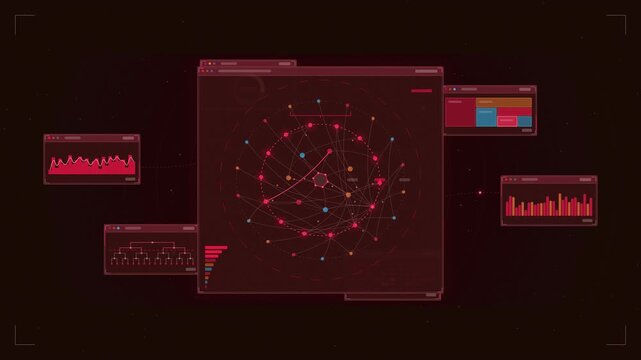 Abstract animated knowledge graph expanding query neighbourhood drawn as coral and magenta lines and shapes on a deep dark background. Seamless looping 4K motion graphics video with free space for tex