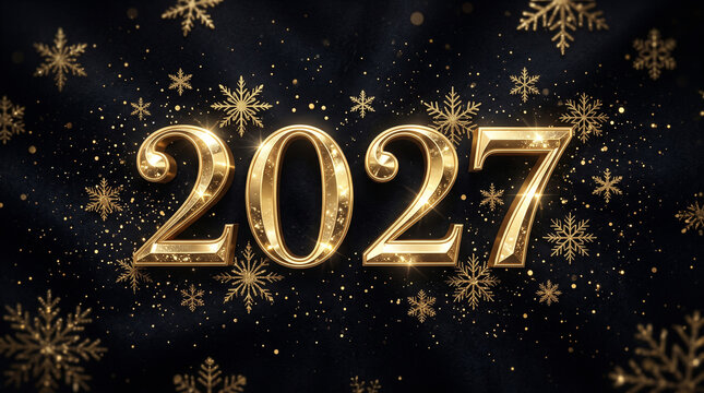 Golden glittery 2027 year number design with starry snowflakes on dark background