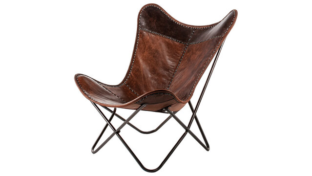 Vintage classic brown leather folding butterfly chair armchair isolated on transparent background.