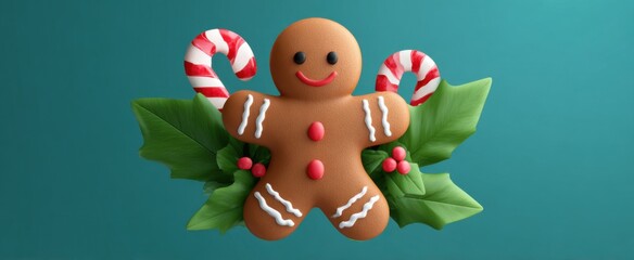 Naklejka premium Feel the joy in this cheerful gingerbread cookie adorned with festive candy canes and holly.