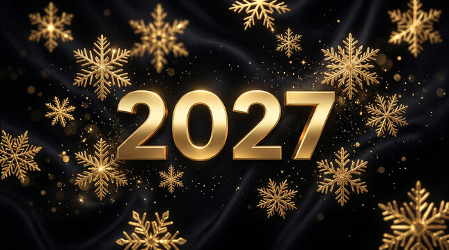 Golden 2027 year number design with snowflakes on dark background for holiday marketing