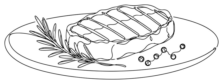 Grilled beef steak on plate with rosemary in continuous line art style