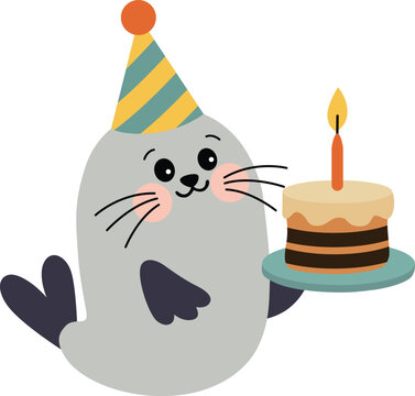 Cute Little Seal Celebrating Birthday With Cake