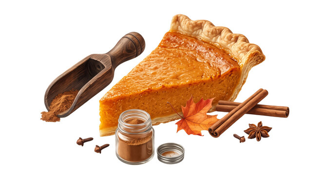 Pumpkin pie slice with cinnamon spices, wide banner composition