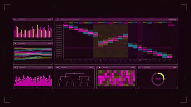 Abstract animated translation alignment pairing source words drawn as violet and blue lines and shapes on a deep dark background. Seamless looping 4K motion graphics video with free space for text, id
