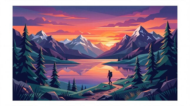 Cinematic Alpine Lake and Mountain Peaks Flat Vector Illustration